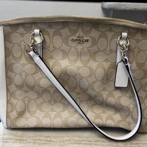 Coach Signature Leather Gallery Tote Ivory Tan Shoulder Bag Purse